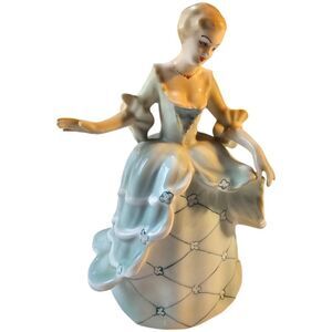Vintage Romanian Curtsy Porcelain Lady Figurine Light Blue